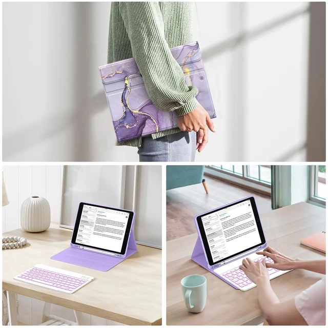 Alt view image 10 of 10 - Soke for iPad 9th/8th/7th Generation Case with Keyboard 10.2 Inch-7 Color Backlitght Magnetic Wireless Detachable Folio Keyboard Cover with Pencil Holder for Apple iPad Gen 9/8/7, Violet Marble