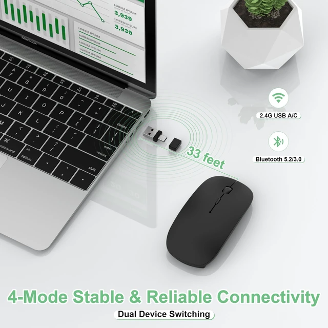 Alt view image 8 of 10 - Gizdot Bluetooth Mouse for Laptop/MacBook Air/Pro & iPad, Wireless Rechargeable Mouse with Type-C, Slim Mouse Jiggler for iMac/PC, 4 Connection Modes, Silent Click, 1600 DPI Compatible Mac OS/W