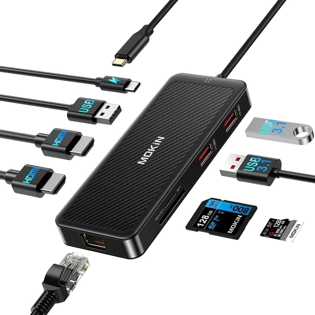Alt view image 6 of 10 - MOKiN USB-C Hub, 9-in-1 USBC Dock, Dual 4K HDMI USB C to USB Adapter, 1 Gbps Ethernet Hub, 100W Power Delivery, SD Card Reader for MacBook Pro, XPS and More