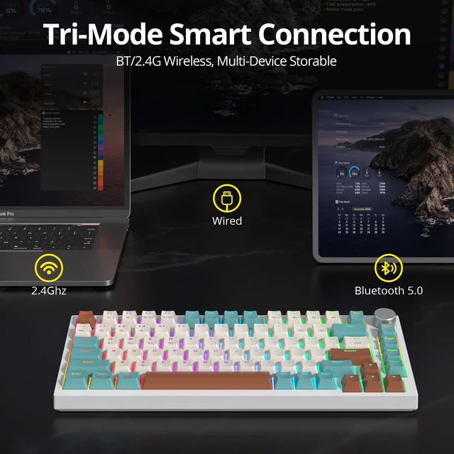 Alt view image 9 of 10 - iTastatur 82 Keys Wireless Gaming Keyboard 75 Percent,Triple Mode Bluetooth/2.4Ghz/USB Pre-lubed Hot Swappable Mechanical Keyboard, w/Knob&Sound-Absorbing Pads,4000mAh Battery for Mac/Win (Brow