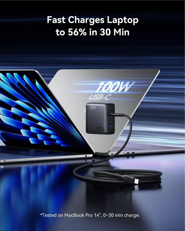 Alt view image 7 of 10 - INIU for MacBook Pro Charger, 100W GaN Tech Fast Charging, 3-Port Compact Foldable Charger with USB C Cable, Power Adapter for Mac Book, iPhone 17, Samsung S25, Switch, Photographers, Outdoor, Travel
