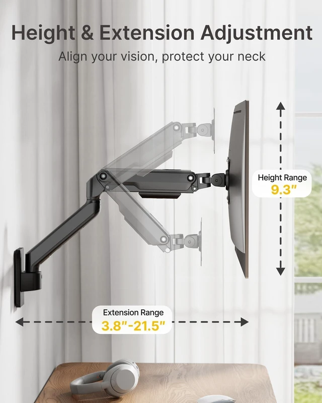 Alt view image 9 of 10 - monTEK Single Monitor Wall Mount - Full Motion Wall Arm for 1732 Inch Screens, Space Saving, Wobble-Free Mechanical Spring Holds 20 lbs, Ergonomic Height Adjustable, VESA 75x75/100x100, Black