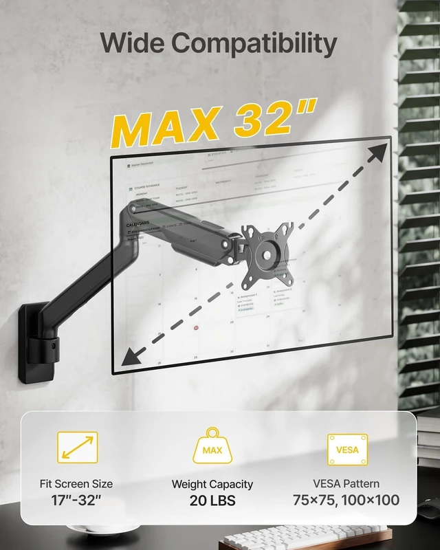 Alt view image 8 of 10 - monTEK Single Monitor Wall Mount - Full Motion Wall Arm for 1732 Inch Screens, Space Saving, Wobble-Free Mechanical Spring Holds 20 lbs, Ergonomic Height Adjustable, VESA 75x75/100x100, Black