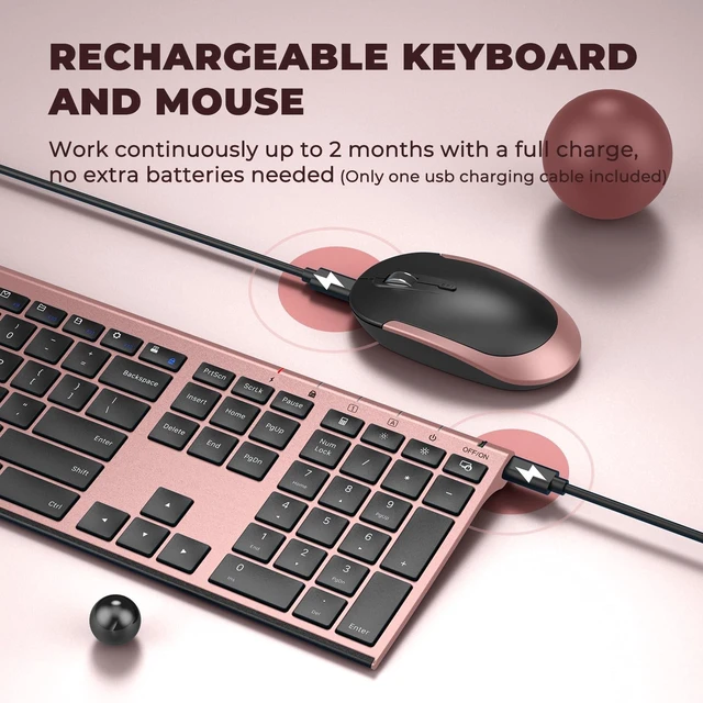 Alt view image 6 of 6 - Wireless Keyboard and Mouse, Vssoplor Rechargeable Quiet Full-Size Keyboard and Mouse Combo Set Ultra Slim Design for Laptop, PC, Notebook, Desktop-Black and Rose Gold