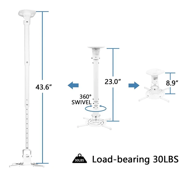 Alt view image 9 of 10 - DYNAVISTA Full Motion Universal Ceiling Projector Mount Bracket with Adjustable Height and Extendable Arms Rotating Swivel Mount for Home and Office Projector (White)