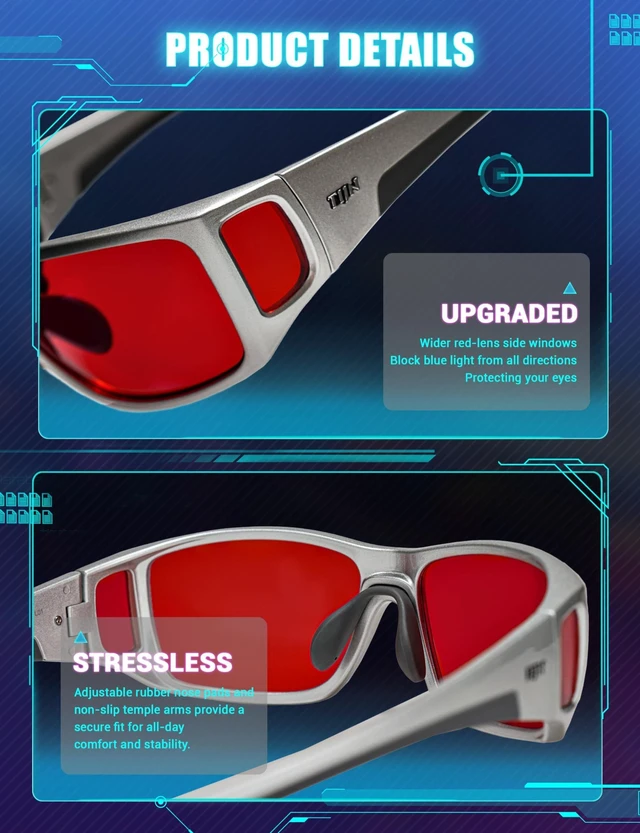 Alt view image 10 of 10 - TIJN Sleep Glasses for Blue & Green Light Blocking,Red Lens Dual AR Coating,Wraparound Oversized for Screen,Computer & Gaming,Metallic Silver
