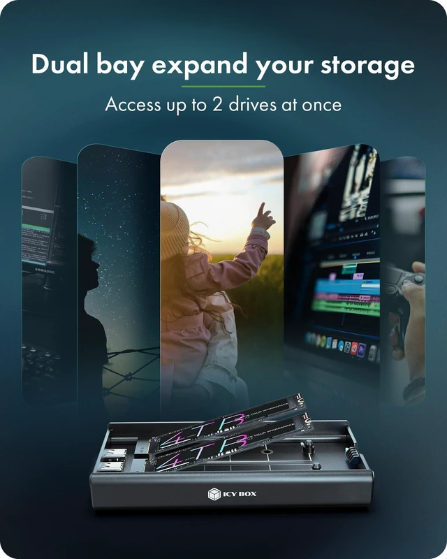 Alt view image 7 of 10 - Dual M.2 NVMe SSD Enclosure, ICY BOX 20Gbps NVMe Enclosure, USB C to M2 Adapter for M Key PCIe 2230/2242/2260/2280 M.2 SSDs, Dual Bay Tool-Free Installation Aluminum SSDs Reader