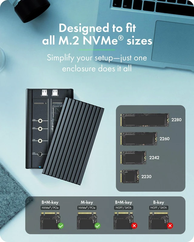 Alt view image 10 of 10 - Dual M.2 NVMe SSD Enclosure, ICY BOX 20Gbps NVMe Enclosure, USB C to M2 Adapter for M Key PCIe 2230/2242/2260/2280 M.2 SSDs, Dual Bay Tool-Free Installation Aluminum SSDs Reader