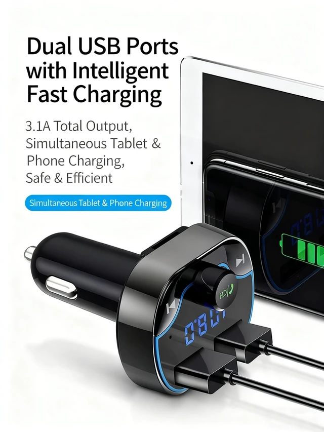 Alt view image 9 of 10 - TISONNY Bluetooth FM Transmitter Car Adapter with LED Voltage Display, Hands-Free Calling, Dual USB Car Charger, Supports MP3, Radio, TF Card, USB Disk Playback