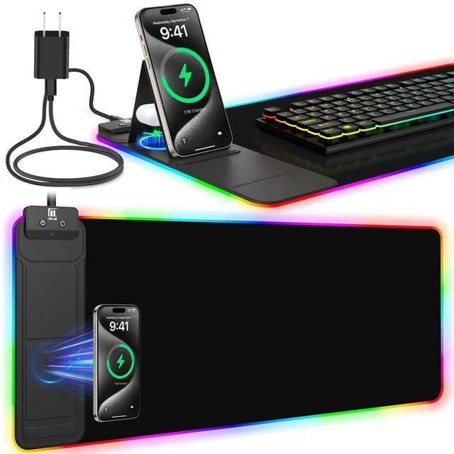 Alt view image 6 of 10 - RGB Mouse Pad with Foldable Phone Stand & Wireless Charger, 31.5"x11.8" XL Gaming Mousepad Large Desk Mat, Desk Pad with Dual Charging for Phone & AirPods ^^ 11 Colors & 5 Modes ^^ Waterproof