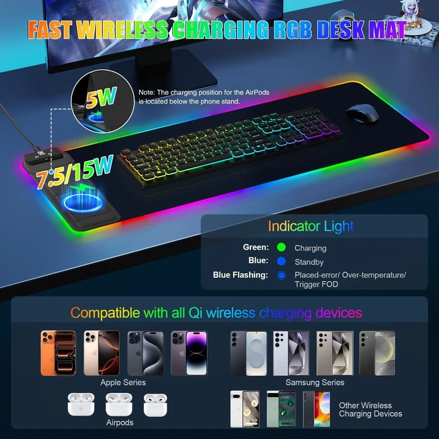 Alt view image 7 of 10 - RGB Mouse Pad with Foldable Phone Stand & Wireless Charger, 31.5"x11.8" XL Gaming Mousepad Large Desk Mat, Desk Pad with Dual Charging for Phone & AirPods ^^ 11 Colors & 5 Modes ^^ Waterproof