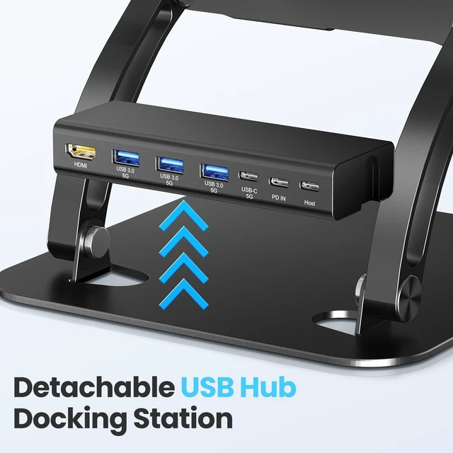 Alt view image 7 of 10 - tounee Laptop Stand with Detachable USB-C Hub, 100W PD Charging, 4K@60Hz HDMI, 3 USB Ports, Ergonomic Laptop Holder Docking Station for 10-17" Laptops, MacBook & More (Black)