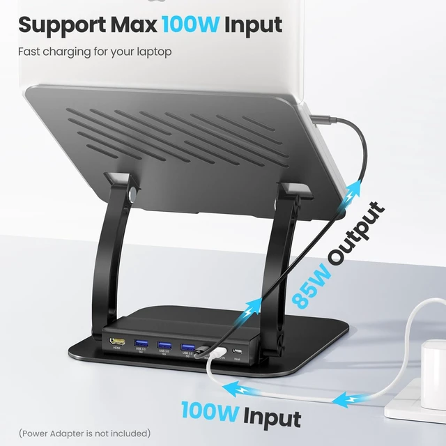 Alt view image 9 of 10 - tounee Laptop Stand with Detachable USB-C Hub, 100W PD Charging, 4K@60Hz HDMI, 3 USB Ports, Ergonomic Laptop Holder Docking Station for 10-17" Laptops, MacBook & More (Black)