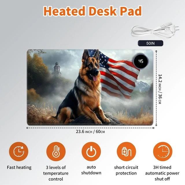 Alt view image 7 of 10 - LYHXLYJH Heated Mouse Pad,Warm Desk Pad with 3 Levels Heating & 3 Hours Auto Shut-Off, PU Leather Heated Desk Pad Warmer Pad for Home Office - 23.6 x 14.2 inch,German Shepherd Flag