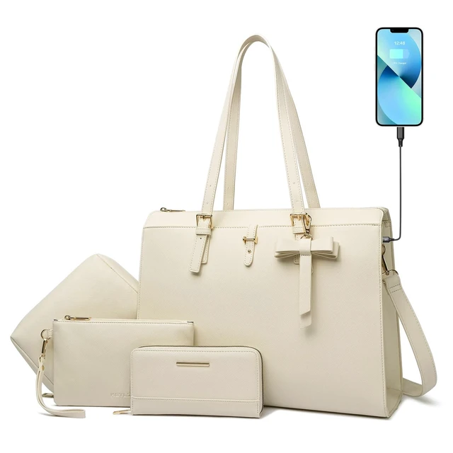 Alt view image 6 of 10 - Keyli Laptop Tote Bag for Women Large Tote Bag Waterproof Leather Work Laptop Briefcase with Built-in USB Charging Port Computer Shoulder Bags Fits 15.6 Inch, Business Handbag Purse 4pcs Set Khaki