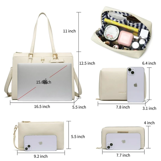 Alt view image 8 of 10 - Keyli Laptop Tote Bag for Women Large Tote Bag Waterproof Leather Work Laptop Briefcase with Built-in USB Charging Port Computer Shoulder Bags Fits 15.6 Inch, Business Handbag Purse 4pcs Set Khaki
