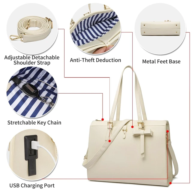 Alt view image 10 of 10 - Keyli Laptop Tote Bag for Women Large Tote Bag Waterproof Leather Work Laptop Briefcase with Built-in USB Charging Port Computer Shoulder Bags Fits 15.6 Inch, Business Handbag Purse 4pcs Set Khaki