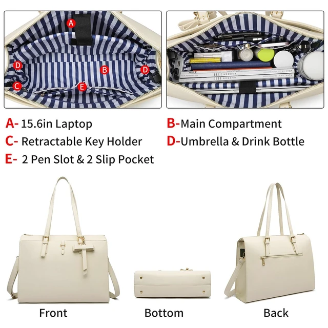 Alt view image 9 of 10 - Keyli Laptop Tote Bag for Women Large Tote Bag Waterproof Leather Work Laptop Briefcase with Built-in USB Charging Port Computer Shoulder Bags Fits 15.6 Inch, Business Handbag Purse 4pcs Set Khaki