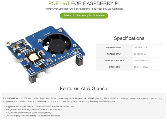 Alt view image 8 of 10 - Waveshare Power Over Ethernet HAT (Type D) for Raspberry Pi 3B+/4B 802.3af-Compliant Tailored for Raspberry Pi Official Case