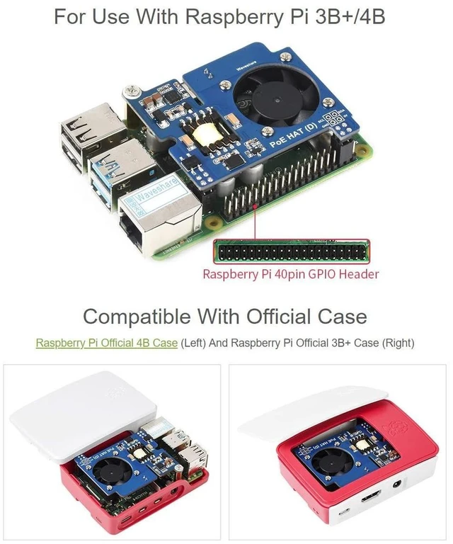 Alt view image 9 of 10 - Waveshare Power Over Ethernet HAT (Type D) for Raspberry Pi 3B+/4B 802.3af-Compliant Tailored for Raspberry Pi Official Case