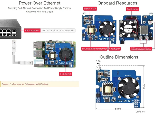 Alt view image 10 of 10 - Waveshare Power Over Ethernet HAT (Type D) for Raspberry Pi 3B+/4B 802.3af-Compliant Tailored for Raspberry Pi Official Case
