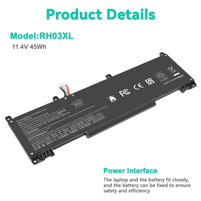 Alt view image 9 of 10 - 11.4V 45Wh RH03XL M02027-005 M01524-1D1 Laptop Battery for HP ProBook 430 440 445 450 630 640 650 G8 Series HSTNN-IB9Q HSTNN-OB1T HSTNN-DB0B HSTNN-UB7X M01524-2B1 M01524-AC1 (short style)