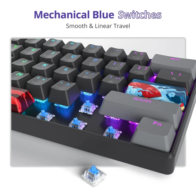 Alt view image 9 of 10 - Fogruaden 60% Mechanical Gaming Keyboard, 61 Keys, RGB Backlit, Compact 60 Percent Wired Keyboard for Win/Mac PC Gamer, Easy to Carry on Trip (61Dark-BlueSwitch-RGB)
