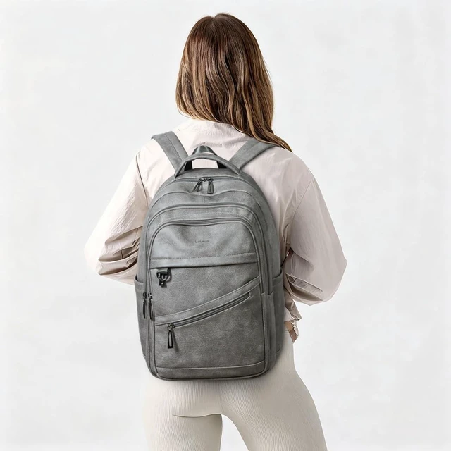 Alt view image 7 of 10 - LATMAP 43L Backpack for Women Men - Vegan Leather Backpack Purse Travel Carry-on Bag College Bookbag Work fits 17" Laptop,DimGray