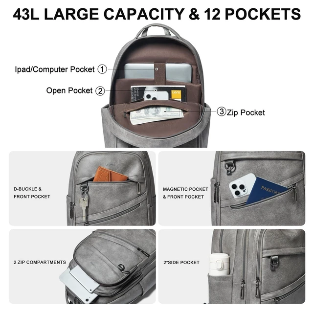 Alt view image 9 of 10 - LATMAP 43L Backpack for Women Men - Vegan Leather Backpack Purse Travel Carry-on Bag College Bookbag Work fits 17" Laptop,DimGray