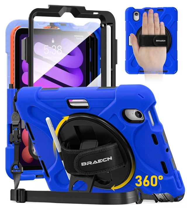 Alt view image 6 of 10 - BRAECN Case for iPad mini 7 (A17 Pro) 2024/iPad Mini 6 2021 8.3" with Screen Protector Pencil Holder, Protective Heavy Duty Case for iPad mini 7th/6th Gen, 360 Rotating Stand & Hand Strap for Kids