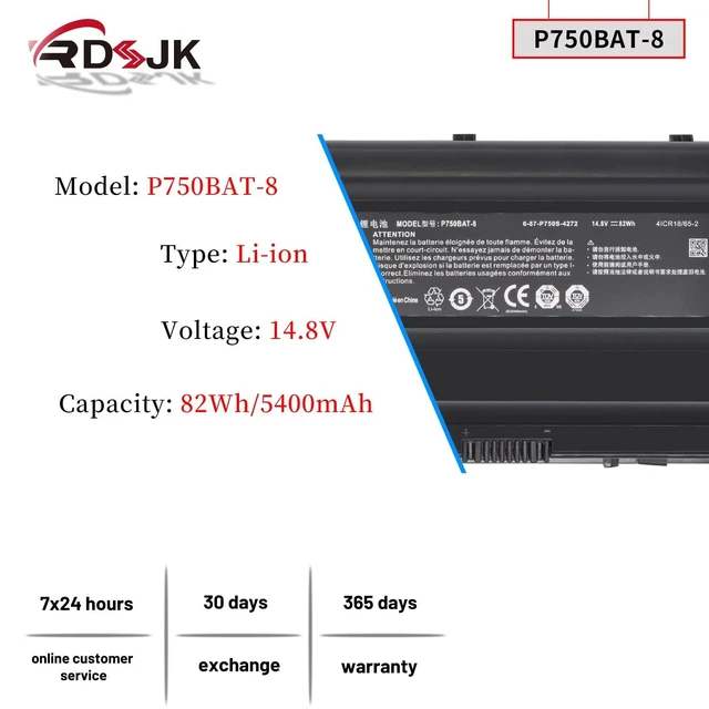 Alt view image 7 of 10 - P750BAT-8 Laptop Battery for Clevo P750DM3-G P750ZM P751DM P751ZM P770DM P770ZM P771ZM P771DM-G Sager NP9752 NP9755 NP9758 NP9772 NP9778 6-87-P750S-4272 6-87-P750S-4U73 6-87-P750S-4273 14.8V 82Wh