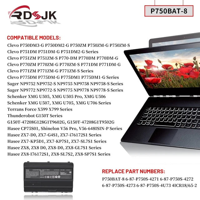 Alt view image 8 of 10 - P750BAT-8 Laptop Battery for Clevo P750DM3-G P750ZM P751DM P751ZM P770DM P770ZM P771ZM P771DM-G Sager NP9752 NP9755 NP9758 NP9772 NP9778 6-87-P750S-4272 6-87-P750S-4U73 6-87-P750S-4273 14.8V 82Wh