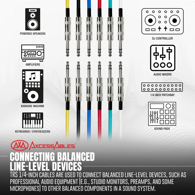 Alt view image 7 of 10 - AxcessAbles 20ft 6-Pack TRS to Audio Cables - 1/4" Balanced, Multi-Color, Male-to-Male, Studio & Home Audio