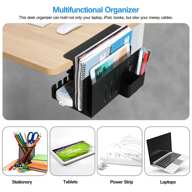 Alt view image 8 of 10 - MAXECHO Desk Side Storage, Under Desk Laptop Mount, Table Side Hanging File Organizer, No Drill Clamp On Cable Management Tray, Laptop Holder with Magnetic Pen Holder for Office and Home, Load 22 Lbs