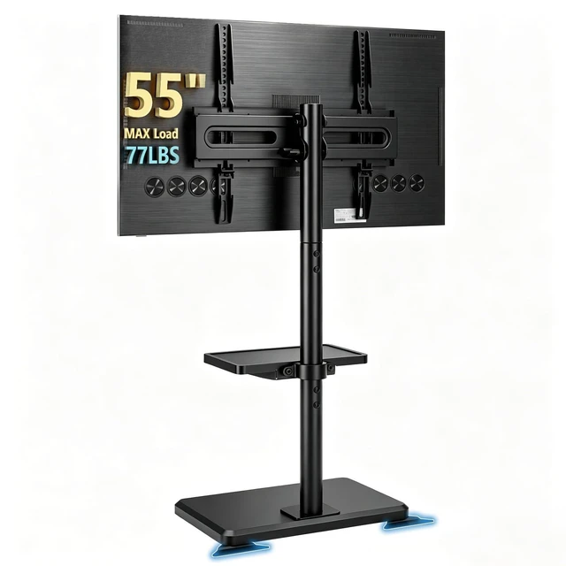Alt view image 6 of 10 - AX WABER Floor TV Stand with Mount for 26-55 inch TVs up to 77 lbs, Height Adjustable Swivel Tilt TV Stand with Wood Base & Shelf, Saving Space Design for Bedroom, Living Room and Corner, Black