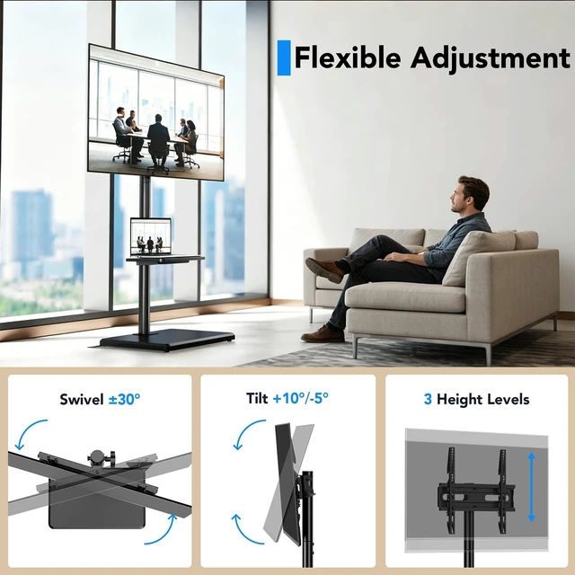 Alt view image 7 of 10 - AX WABER Floor TV Stand with Mount for 26-55 inch TVs up to 77 lbs, Height Adjustable Swivel Tilt TV Stand with Wood Base & Shelf, Saving Space Design for Bedroom, Living Room and Corner, Black