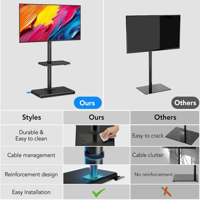 Alt view image 10 of 10 - AX WABER Floor TV Stand with Mount for 26-55 inch TVs up to 77 lbs, Height Adjustable Swivel Tilt TV Stand with Wood Base & Shelf, Saving Space Design for Bedroom, Living Room and Corner, Black
