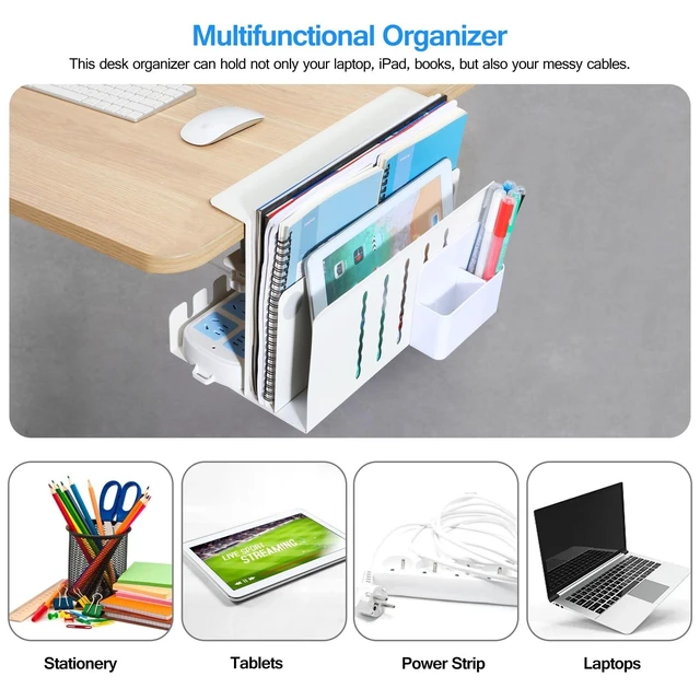Alt view image 8 of 10 - MAXECHO Desk Side Storage, Under Desk Laptop Mount, Table Side Hanging File Organizer, No Drill Clamp On Cable Management Tray, Laptop Holder with Magnetic Pen Holder for Office and Home, Load 22 Lbs