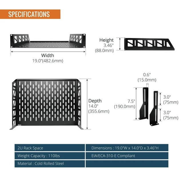 Alt view image 7 of 10 - Tecmojo 2U Rack Shelf,19 inch Server Rack Shelf 14 inch Depth,Weight Capacity 110Lbs/50kg,Rack Mount Shelf for 19" Network Racks & Cabinets,with Complete Accessories (2Pack)
