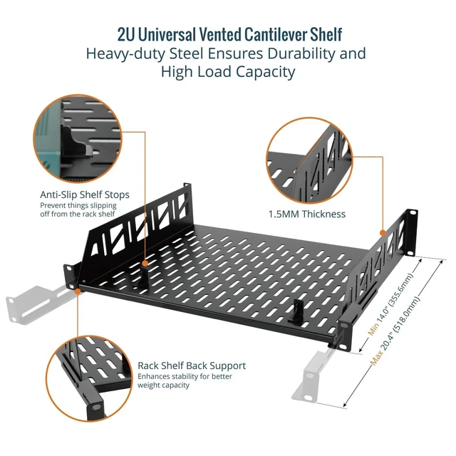 Alt view image 8 of 10 - Tecmojo 2U Rack Shelf,19 inch Server Rack Shelf 14 inch Depth,Weight Capacity 110Lbs/50kg,Rack Mount Shelf for 19" Network Racks & Cabinets,with Complete Accessories (2Pack)