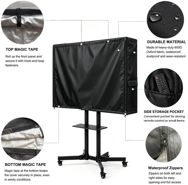 Alt view image 8 of 10 - Black Waterproof Mobile TV Cart Cover Dustproof Outdoor Protector Fit 55-65 Inch Rolling Television Stand