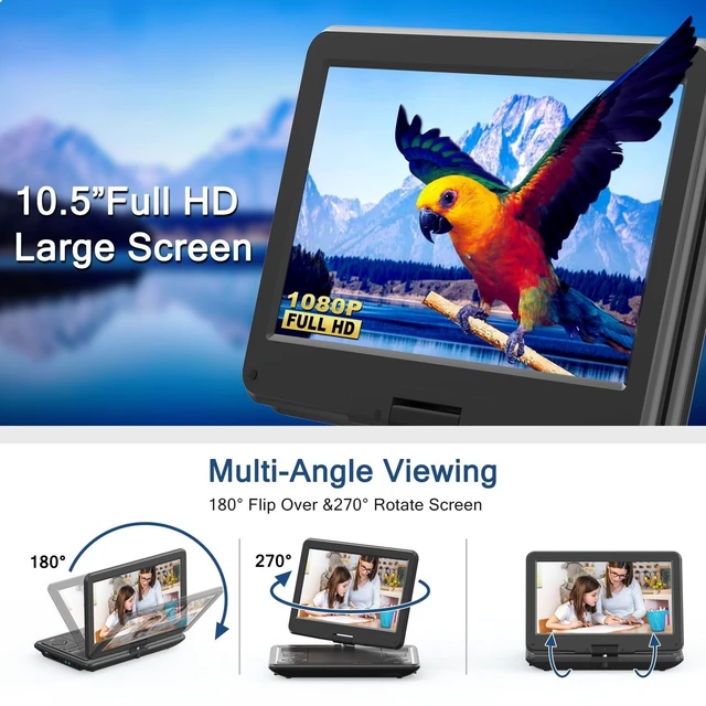 Alt view image 10 of 10 - 12.5" Portable DVD Player with 10.5" Swivel Screen, 5-Hours Rechargeable Battery,Car DVD Player,Support CD/DVD/SD Card/USB,Regions Free,Dual Speakers, Black