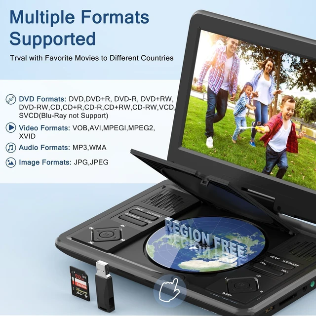Alt view image 9 of 10 - 12.5" Portable DVD Player with 10.5" Swivel Screen, 5-Hours Rechargeable Battery,Car DVD Player,Support CD/DVD/SD Card/USB,Regions Free,Dual Speakers, Black