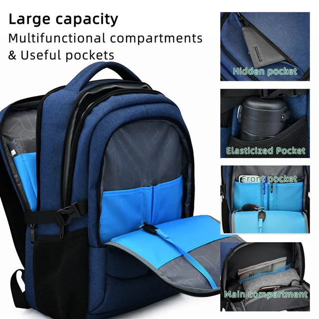 Alt view image 7 of 10 - DUSLANG 17 Inch Laptop Backpack for Travel Water Resistant College Backpack for Men Women Laptop Bag with USB Charging Port,Blue
