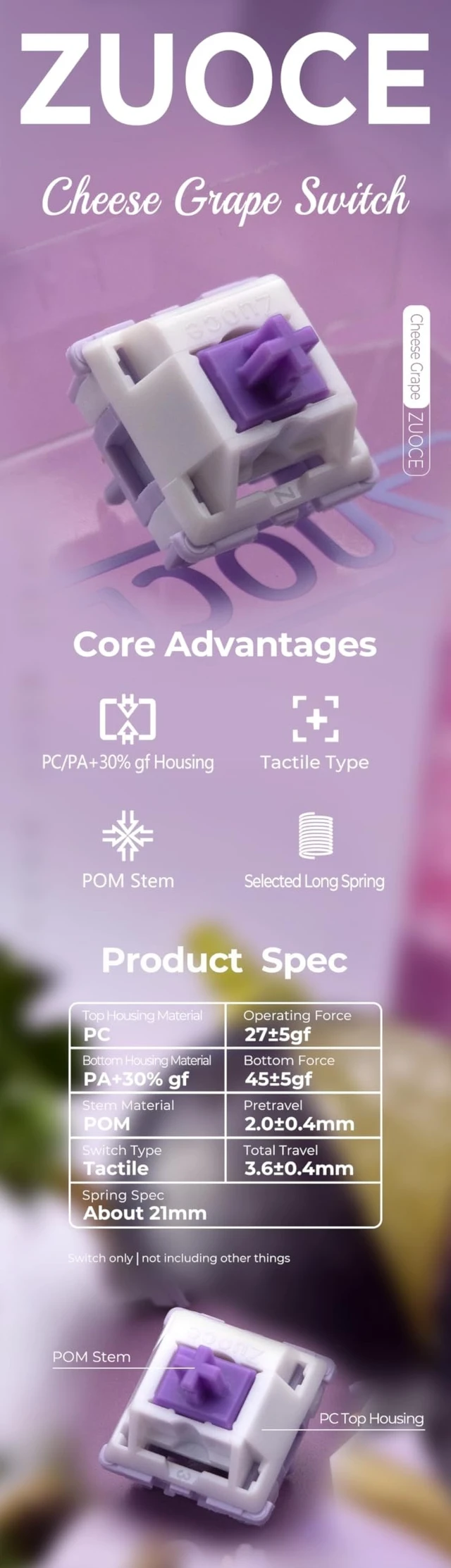 Alt view image 6 of 8 - KPREPUBLIC Zuoce Cheese Grape Switch Tactile 27g 45g MX Switch for Mechanical Keyboard Factory Lubed Long Srping PC PA POM (Zuoce Cheese Grape Switch x90)