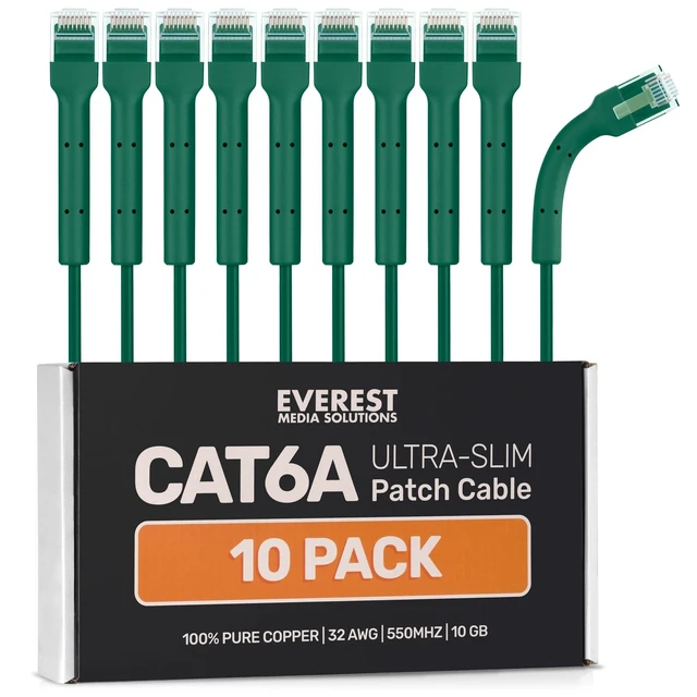 Alt view image 6 of 10 - Everest Ultra Slim Cat6a Ethernet Patch Cables 15ft (10-Pack) Green - 10GB Cat 6a Patch Cable - Bendable, Flexible & Thin Ethernet Cable - Space Saving 32AWG 550MHZ Cat6a Cables - 100% Copper Wires