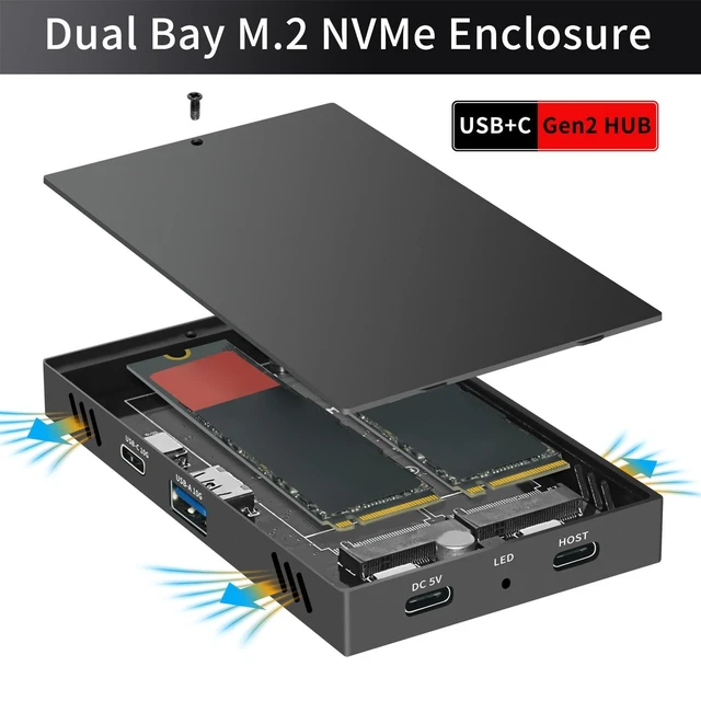 Alt view image 7 of 10 - Dual Bay M.2 NVMe SSD Enclosure, USB3.2 Gen2 10Gbps High Speed Hub, M.2 Type C USB A SSD Docking Station for PCIe M Key 2230 2242 2260 2280, Plug and Play