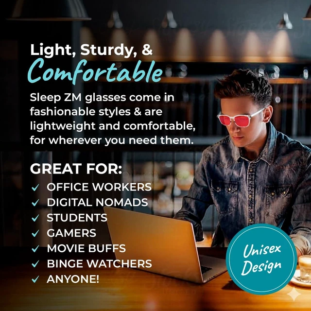 Alt view image 9 of 10 - Sleep ZM 100% Blue Light Blocking Glasses for Women + Men - Better Sleep + Anti Eye Strain Protection - Computer Screens & Gaming - Crystal Wayfarer - 100% Max Protect Red Lens