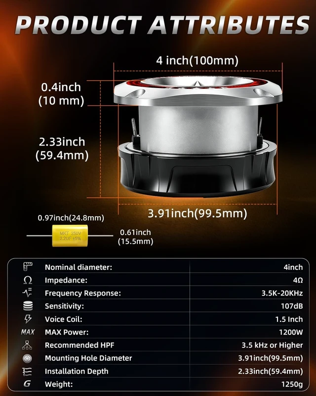 Alt view image 10 of 10 - TANVSO 4 Inch Super Tweeters for Car Audio, 1200W MAX 4 Ohm Bullet Tweeter Speakers Pair, 107dB Titanium Compression Drivers with 1.5 Inch Voice Coil for Door Panels Speaker Boxes