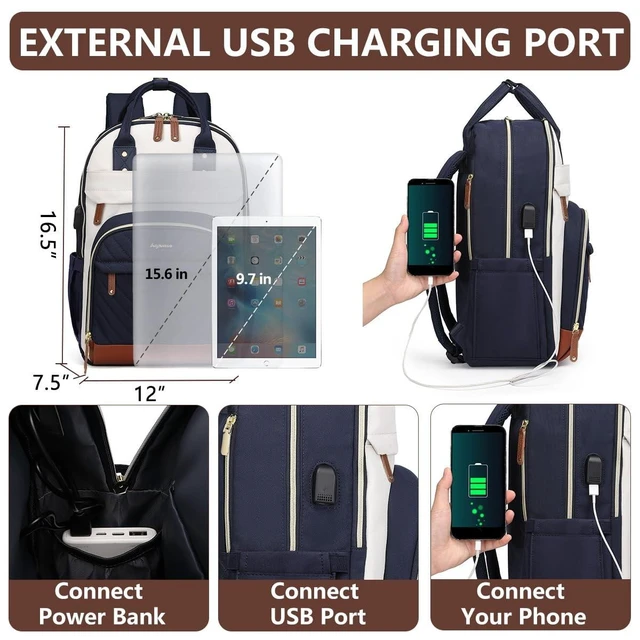 Alt view image 9 of 10 - Laptop Backpack for Women, Fits 15.6 Inch Laptop Bag, Fashion Travel Work Backpack Anti-theft Bag with USB Charging, Business Computer Waterproof Backpack Purse, Beige Blue Brown
